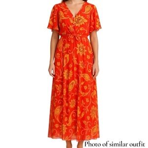 Carolina Belle Whimsical Maxi Dress Sz M Orange Floral Beachy Sundress Flutter